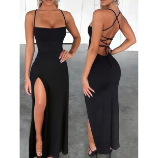 纯色收腰开叉吊带连衣裙女Solid color waist cinched slit dress