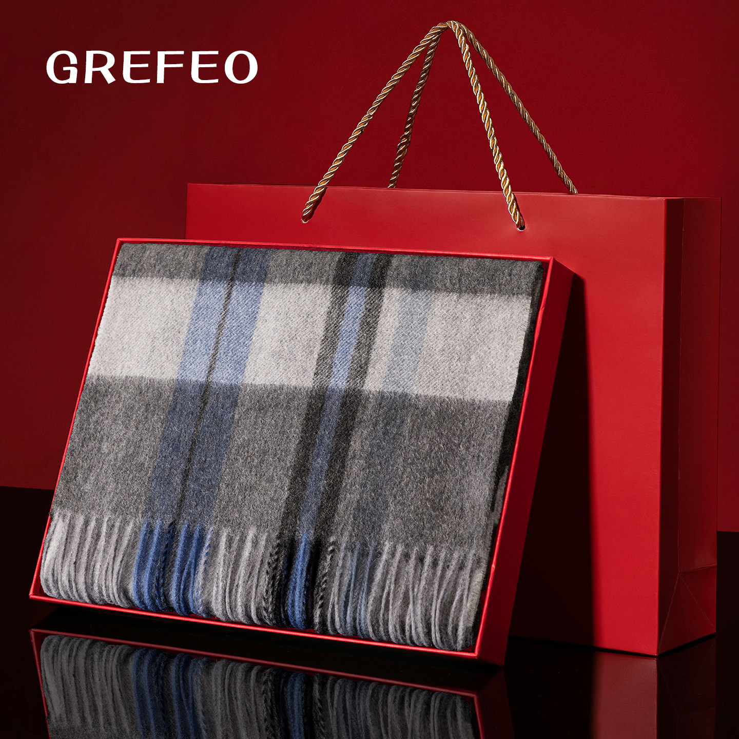 100%羊绒围巾男士秋冬新款经典黑灰格围脖送爸爸长辈外搭礼盒装