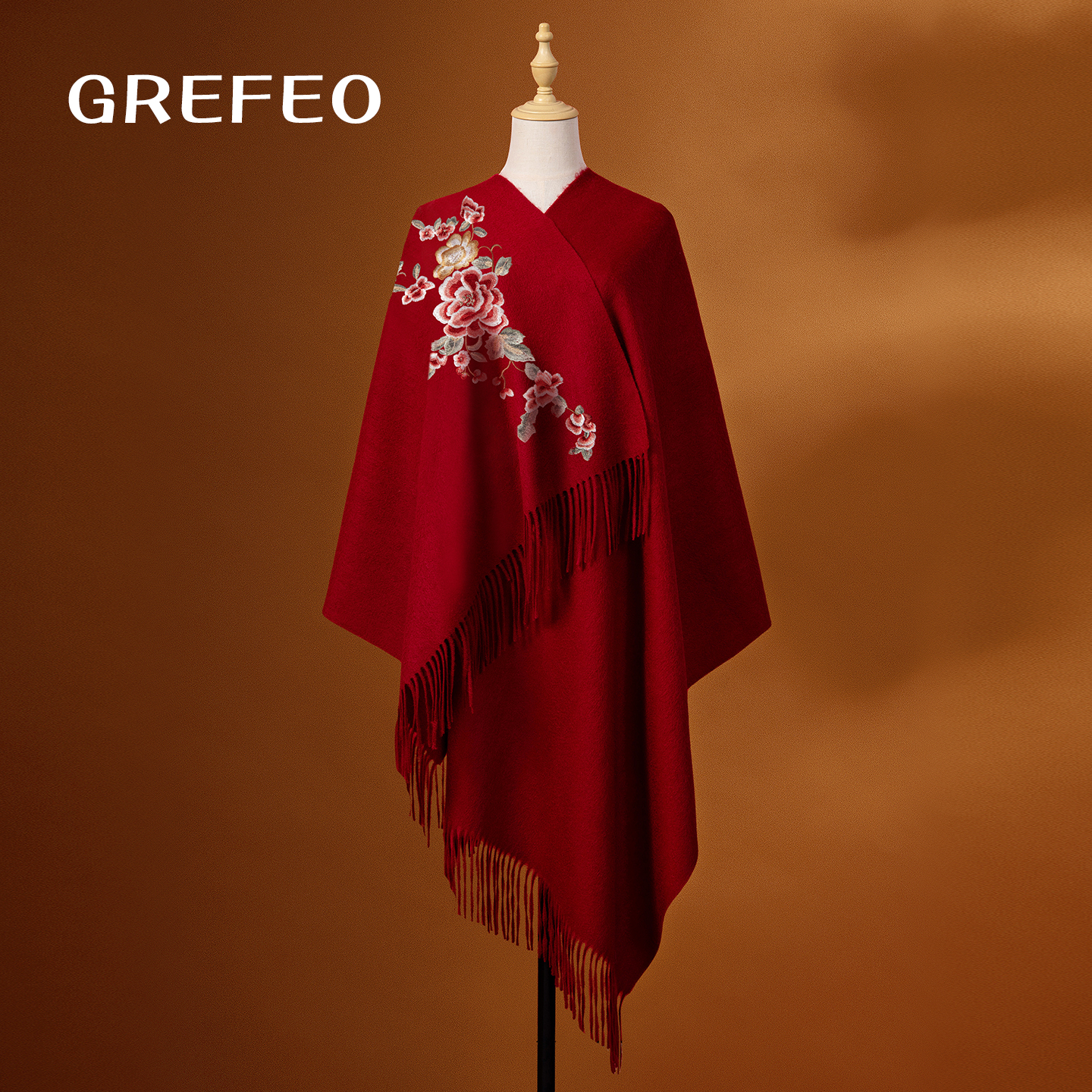 高档红色羊毛围巾女冬季保暖斗篷披肩外搭女围脖送妈妈生日礼物