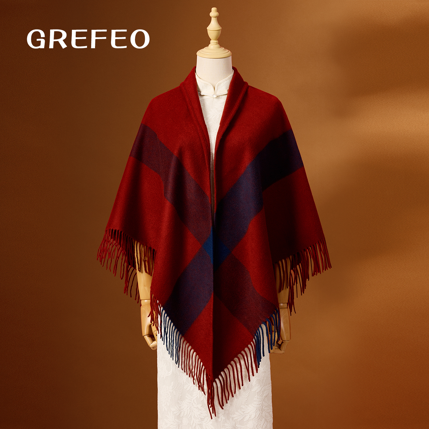 高级感酒红色格纹斗篷披肩女流行百搭大三角流苏羊毛围巾送长辈
