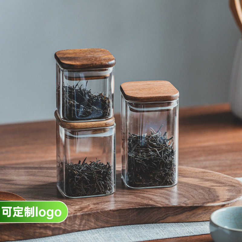 小容量方形木盖咖啡杂粮储物罐图片