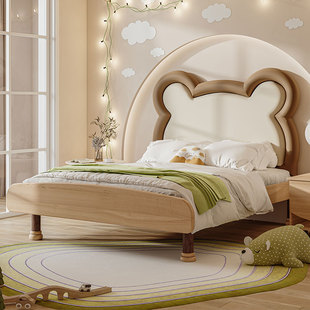 双虎实木儿童床男孩女孩单人床1.5m现代简约青少年卡通床软包床公