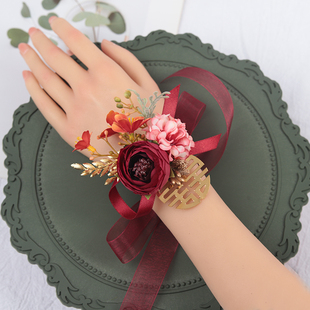 森系香槟色新娘手腕花婚礼伴娘姐妹手花新郎结婚伴郎胸花家人全套