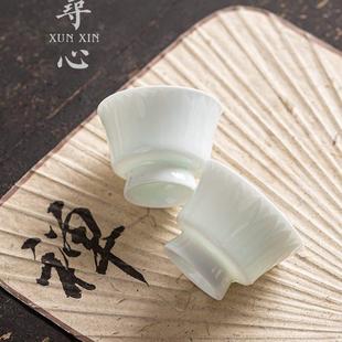 复古个人杯单杯品茗杯 寻心影青莲瓣纹茶杯主人杯陶瓷家用浮雕中式