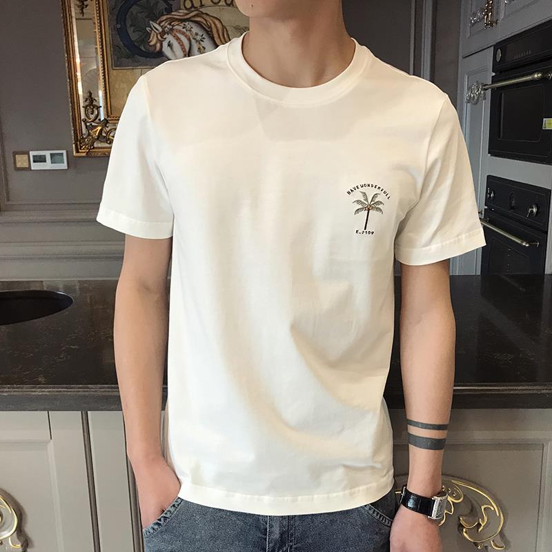 夏季椰树刺绣短袖t恤男港风薄款修身上衣潮牌简约纯棉休闲体恤衫