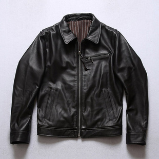 穆赫兰道休闲翻领真皮夹克男棕色头层黄牛皮皮衣