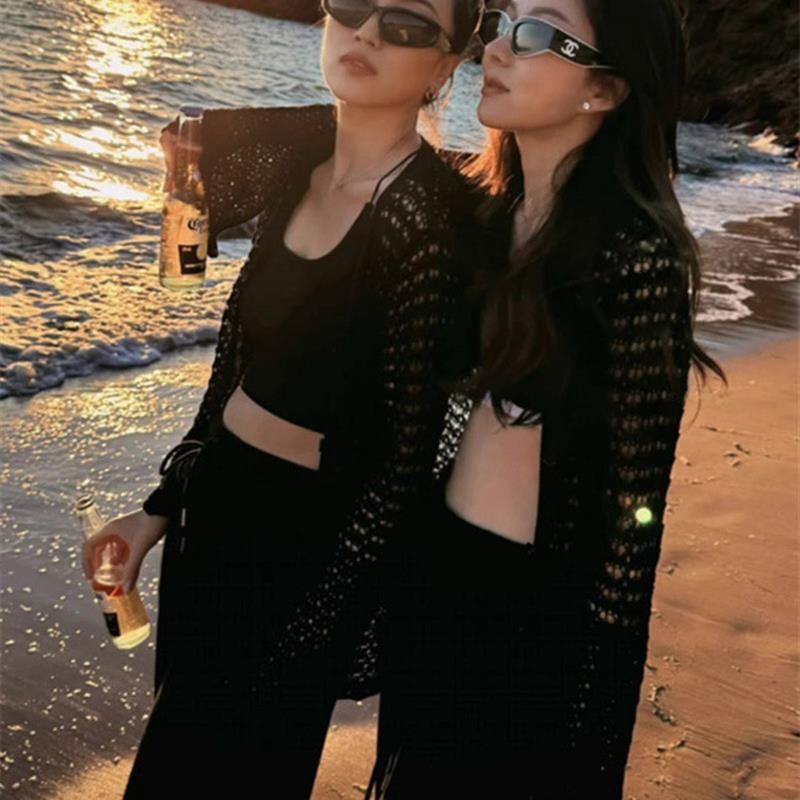 黑色镂空针织开衫女夏季海边外搭配吊带裙子披肩防V晒罩衫外套上