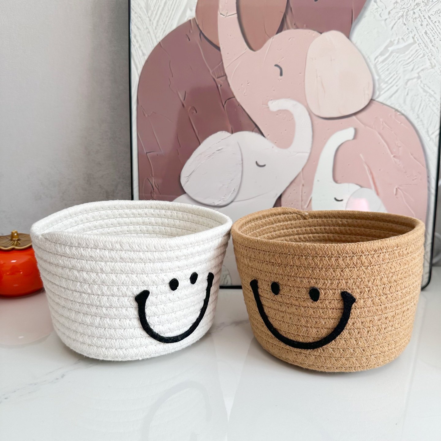 笑脸表情棉绳编织收纳筐桌面杂物钥匙收纳盒护肤品收纳化妆品盒,收纳整理,收纳筐,淘宝优惠券,粉丝福利购,淘宝优惠卷