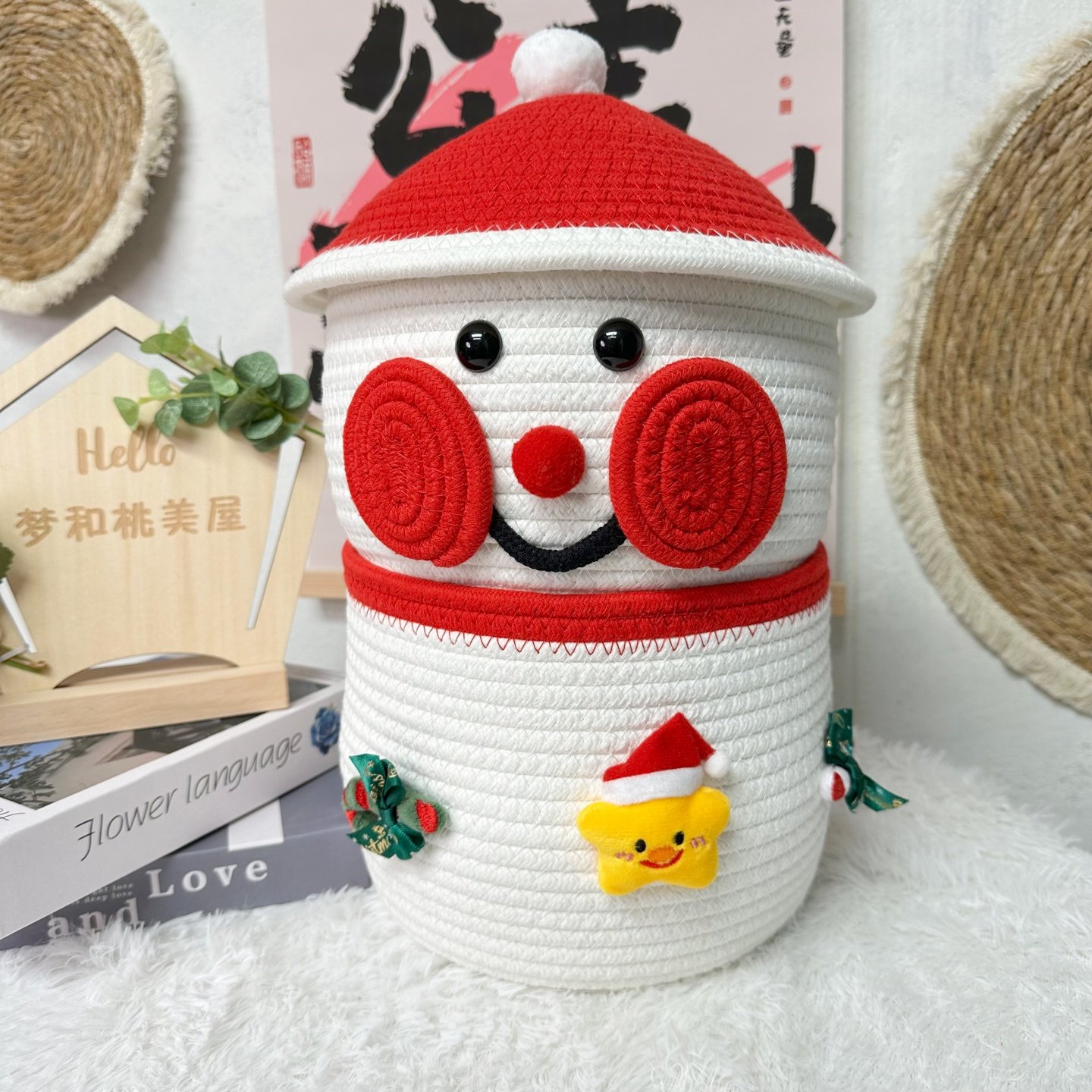 手工编织双层雪人收纳筐超萌棉绳桌面收纳盒桌面杂物整理,收纳整理,收纳筐,淘宝优惠券,粉丝福利购,淘宝优惠卷