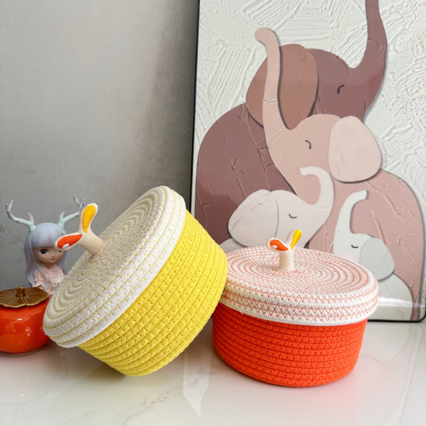 豆芽收纳盒礼品盒手工编织收纳筐带盖桌面摆件黄色橙色收纳篮,收纳整理,收纳筐,淘宝优惠券,粉丝福利购,淘宝优惠卷