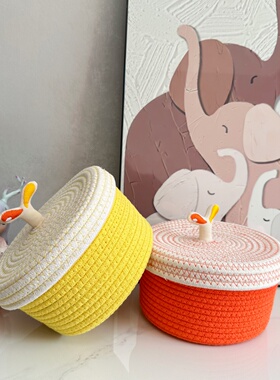 豆芽收纳盒礼品盒手工编织收纳筐带盖桌面摆件黄色橙色收纳篮