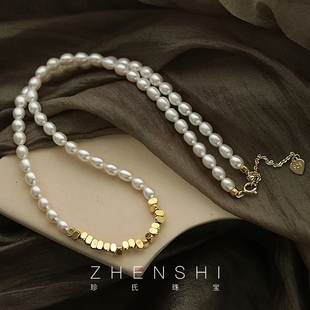 珍氏珠宝天然淡水米粒形珍珠项链女 锁骨链 金色轻奢气质新中式