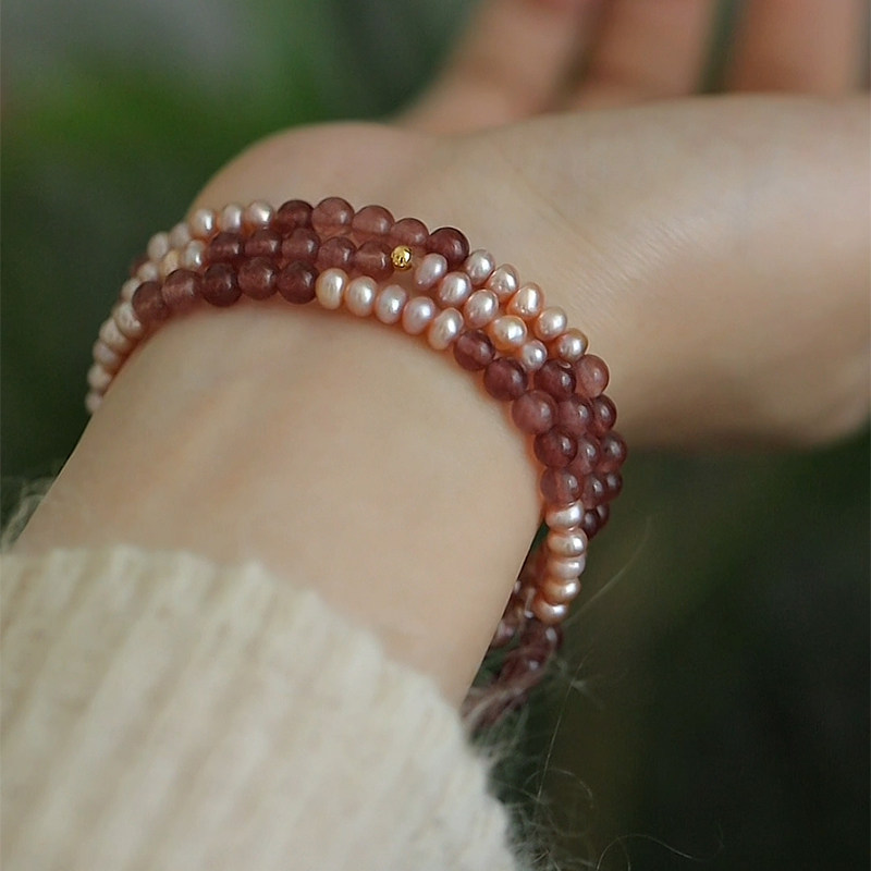 珍氏珠宝天然淡水珍珠手链女 新中式粉水晶可爱甜美叠戴长款手饰