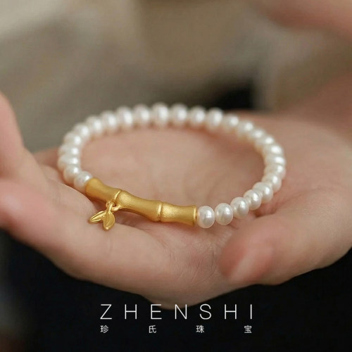 珍氏珠宝天然淡水珍珠手链女款 新中式高级感竹节设计弹力绳手串