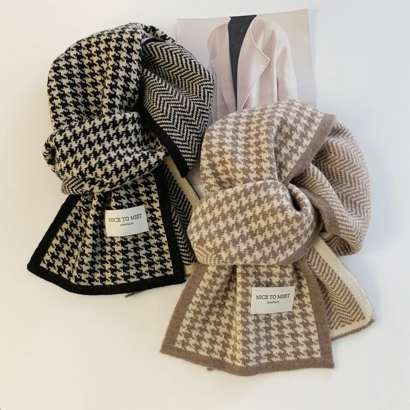 千鸟格围巾秋冬季女冬天高级感百搭时尚韩版格子情侣学生保暖围脖