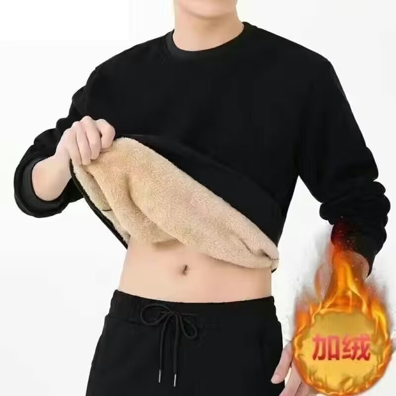 JHY/君鸿月秋冬季加绒加厚卫衣男士羊羔绒圆领黑色卫衣宽松保暖