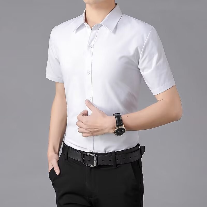 JHY/君鸿月短袖白衬衫男士夏季商务休闲免烫抗皱修身半袖蓝黑色