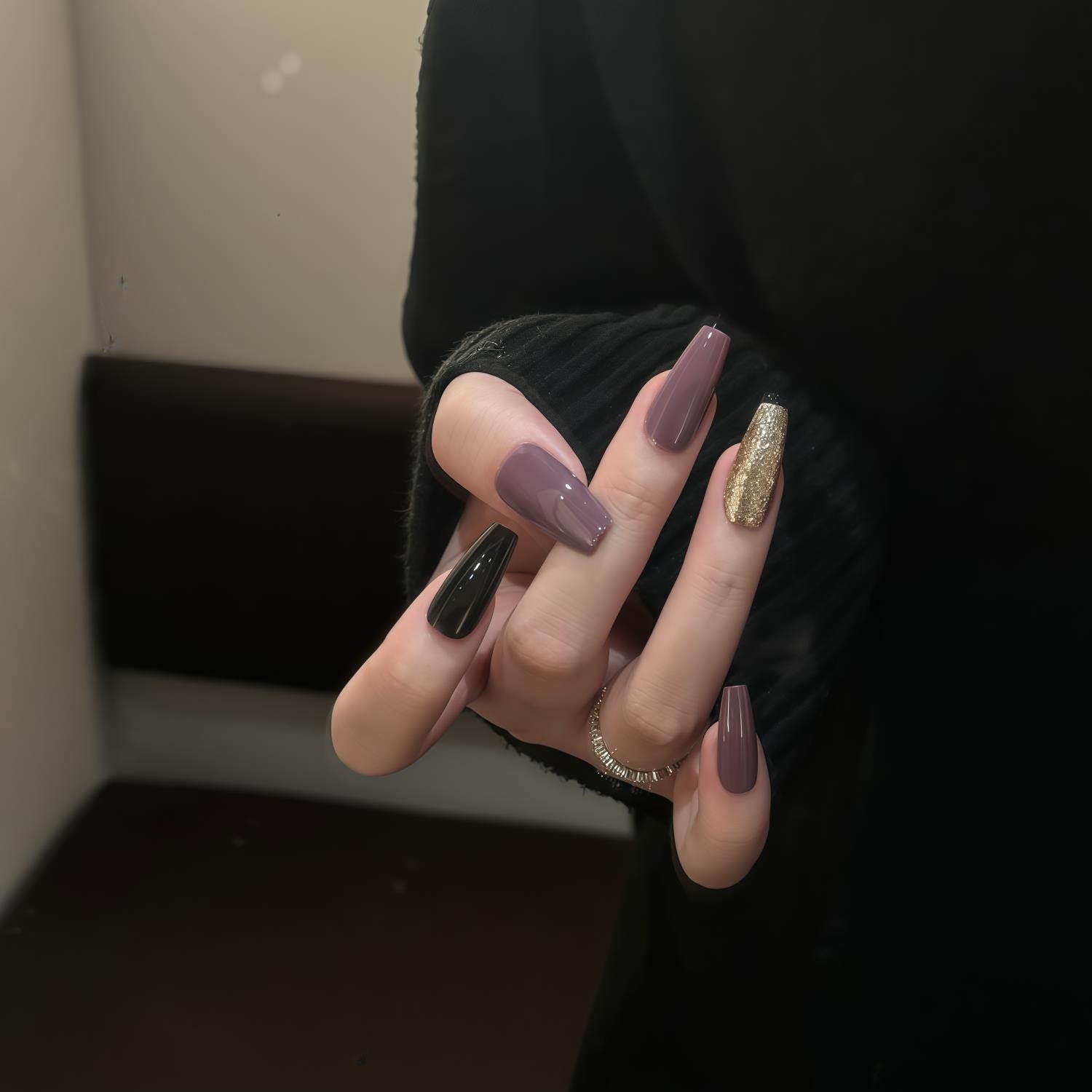 长款手工穿戴美甲贴片高级感紫色跳色纯色金色爆闪气质假指甲可卸