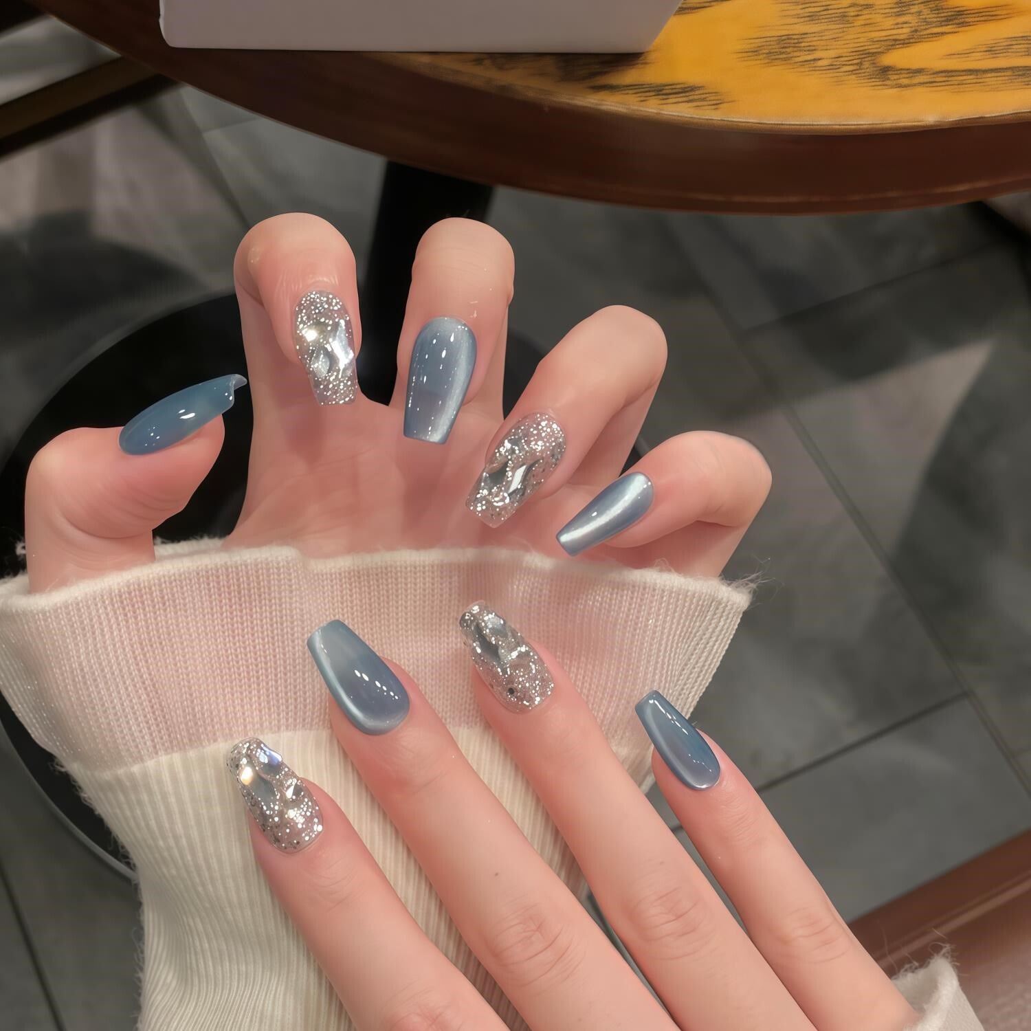 海盐星落~烟波蓝清冷美甲流沙水光猫眼手工穿戴甲美甲春夏孕妇