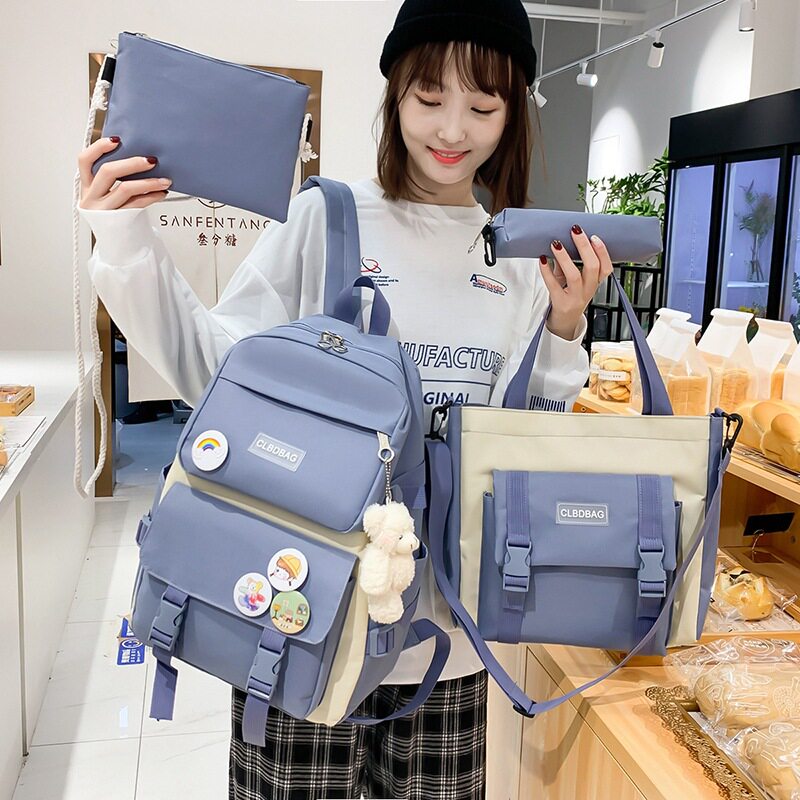 初高中大学生补课书包韩版原宿双肩包女生INS校园拼色四件套背包