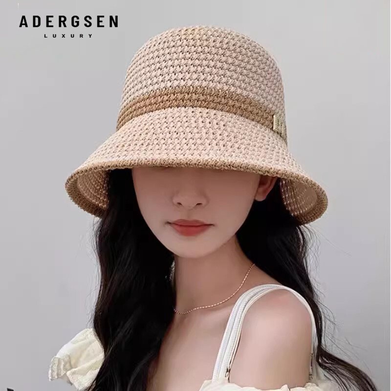 圆顶草编渔夫帽女夏季户外休闲防晒遮阳帽透气百搭显脸小卷边帽子