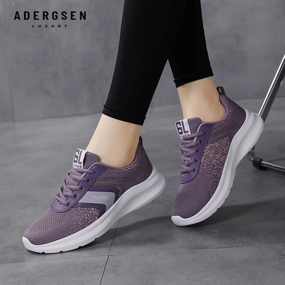 ADERGSEN运动风透气网面跑步鞋女圆头软底轻便舒适防滑系带休闲鞋