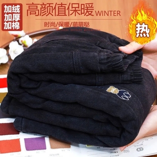 男女童黑色棉裤冬季加绒超厚外穿巨厚保暖儿童男中大童小脚牛仔裤