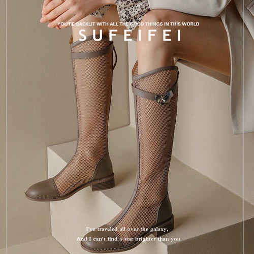 法式复古镂空透气粗跟长靴