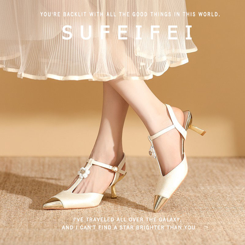 苏妃妃2026夏天季新款铁头尖头一字T带气质细跟高跟鞋包头凉鞋女