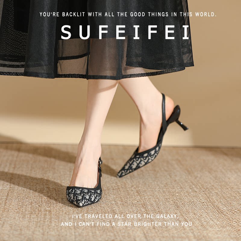 苏妃妃不累脚2026春季新款尖头高跟鞋女细跟气质包头后空绊带凉鞋