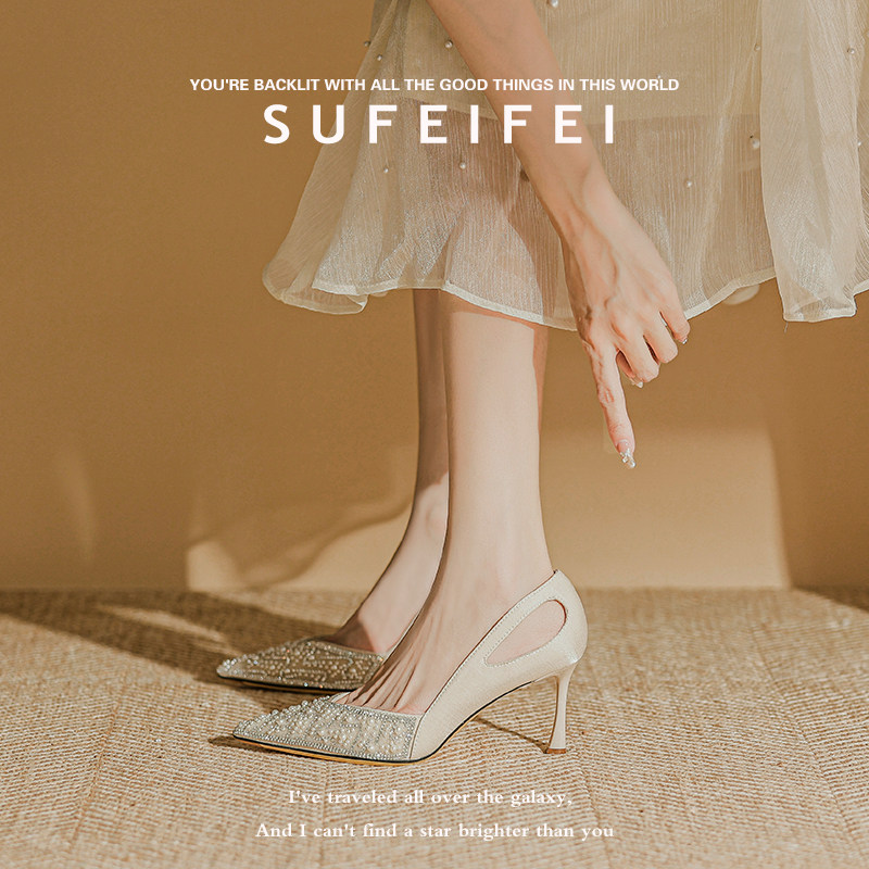 羊皮版~苏妃妃2026春新款仙女珍珠绝美百搭高跟鞋女尖头细跟性感