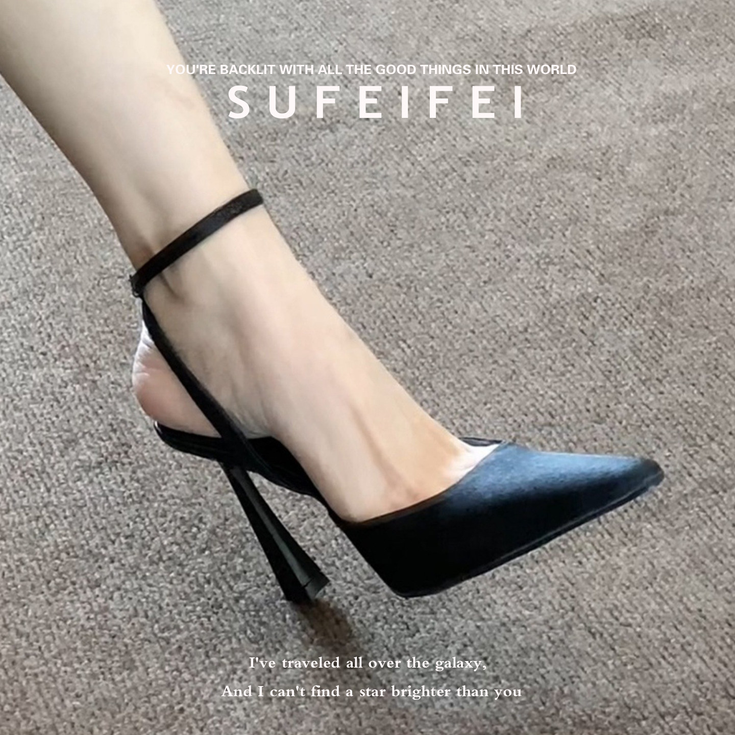 羊皮版~气质法式黑色绸缎一字扣带包头女2026春季细跟尖头高跟鞋