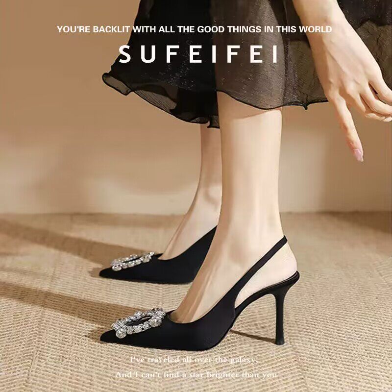 苏妃妃尖头法式黑色高跟鞋女夏天季配裙子后空水钻细跟包头凉鞋女