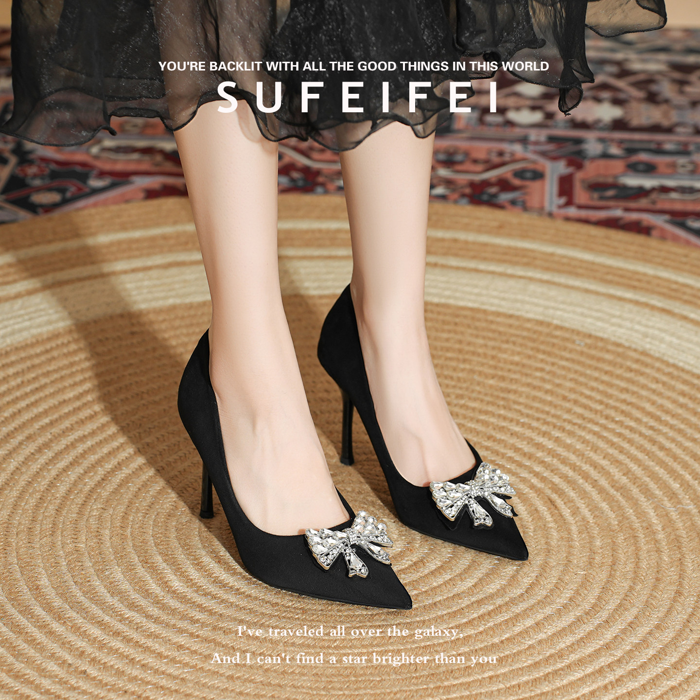 2026年夏季百搭新款水钻蝴蝶结尖头黑色绒面细高跟鞋女不累脚单鞋