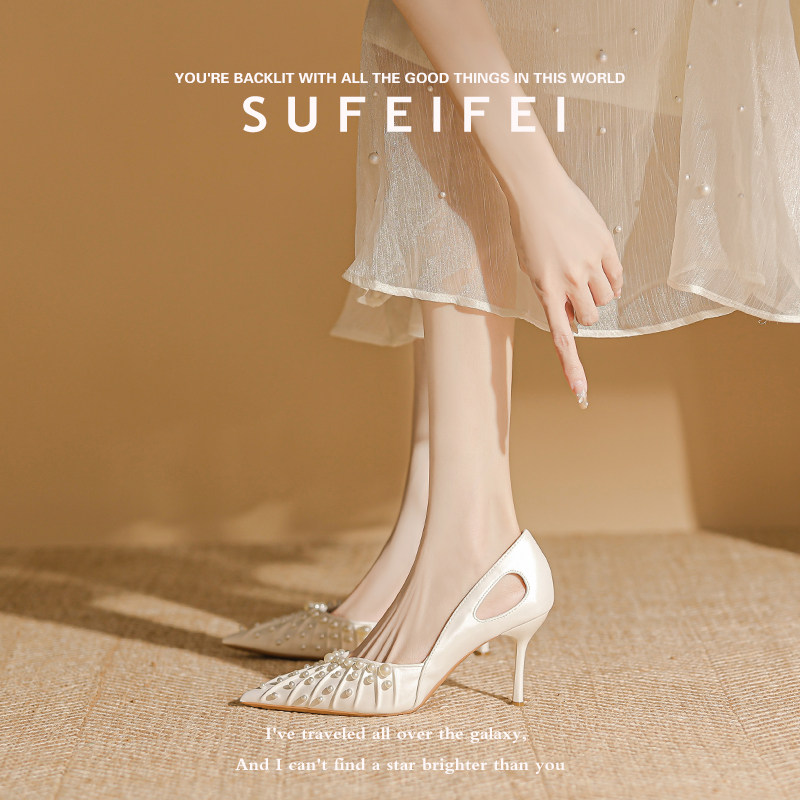 苏妃妃2026年春季新款白色高跟鞋女珍珠尖头细跟单鞋法式气质名媛