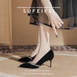 女细跟水钻职业鞋 羊皮版 黑色绝美性感尖头高跟鞋 新款 苏妃妃秋季