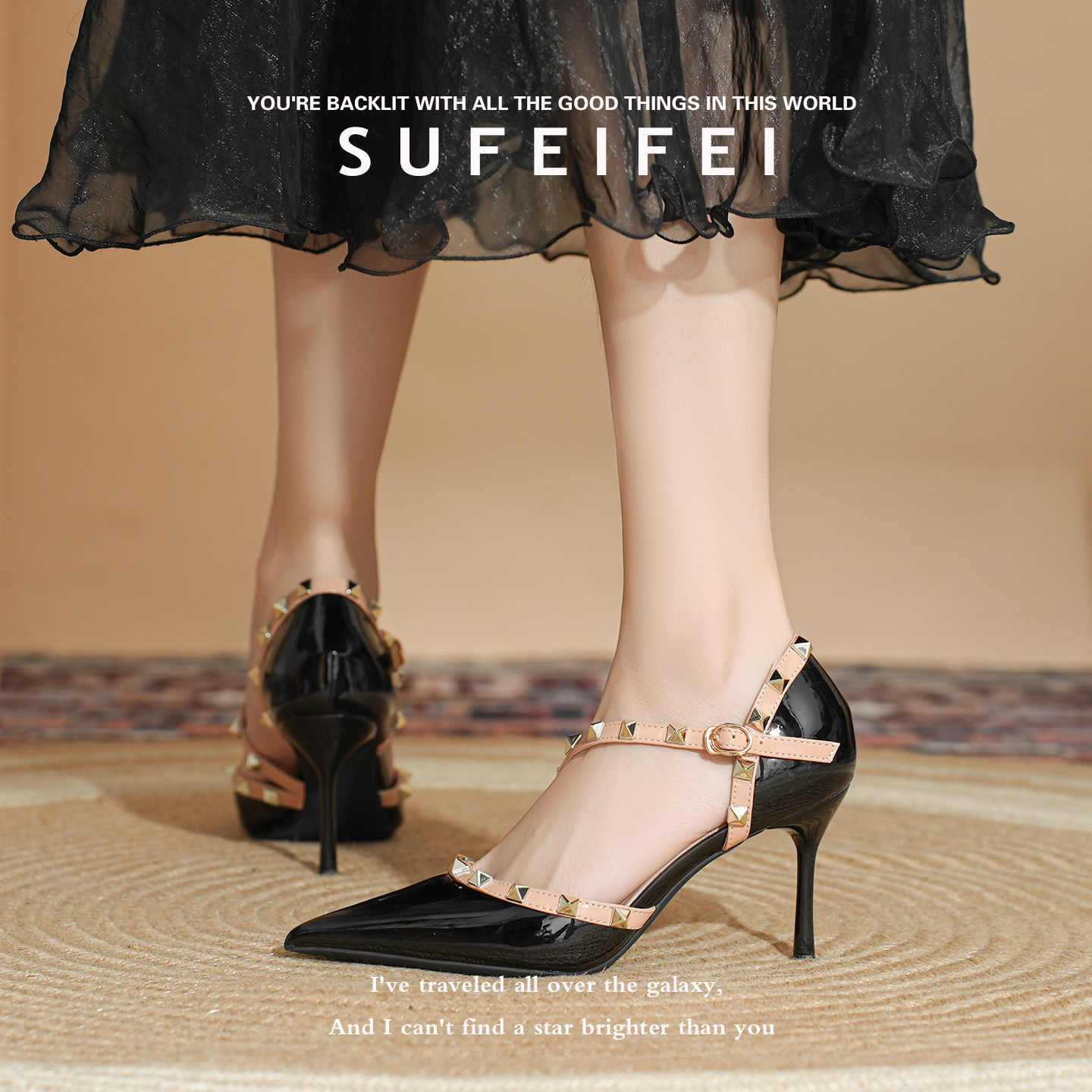 裸色高跟鞋女2026新款春季细跟铆钉气质高级不累脚包头一字带凉鞋