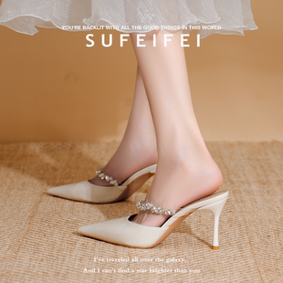 女细跟尖头水钻一字带包头外穿半拖后空凉鞋 高跟鞋 新款 苏妃妃夏季