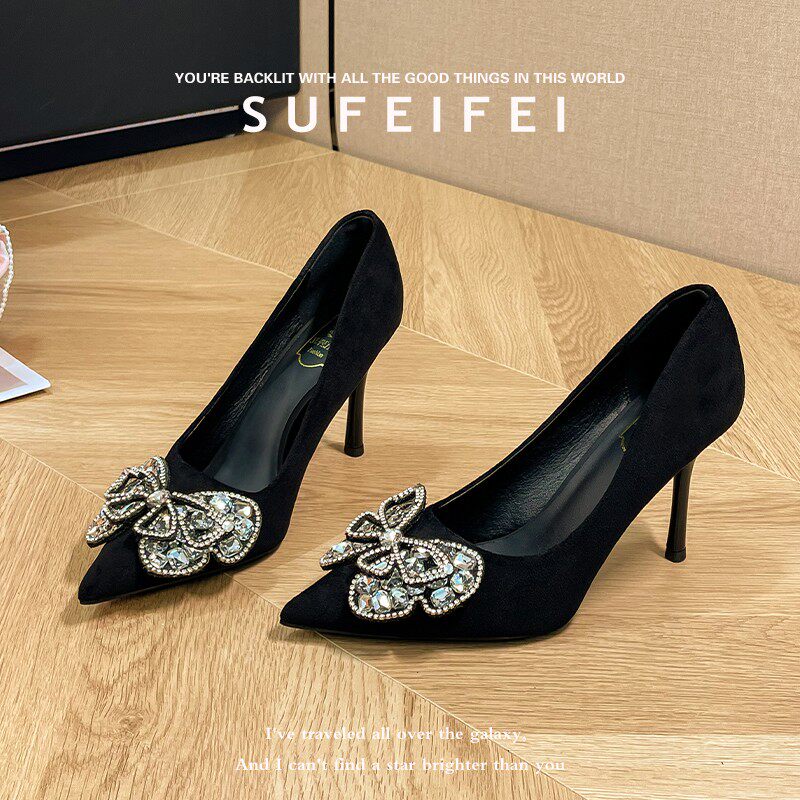 苏妃妃2026年春季新款黑色性感尖头优雅高跟鞋女细跟蝴蝶结水钻鞋