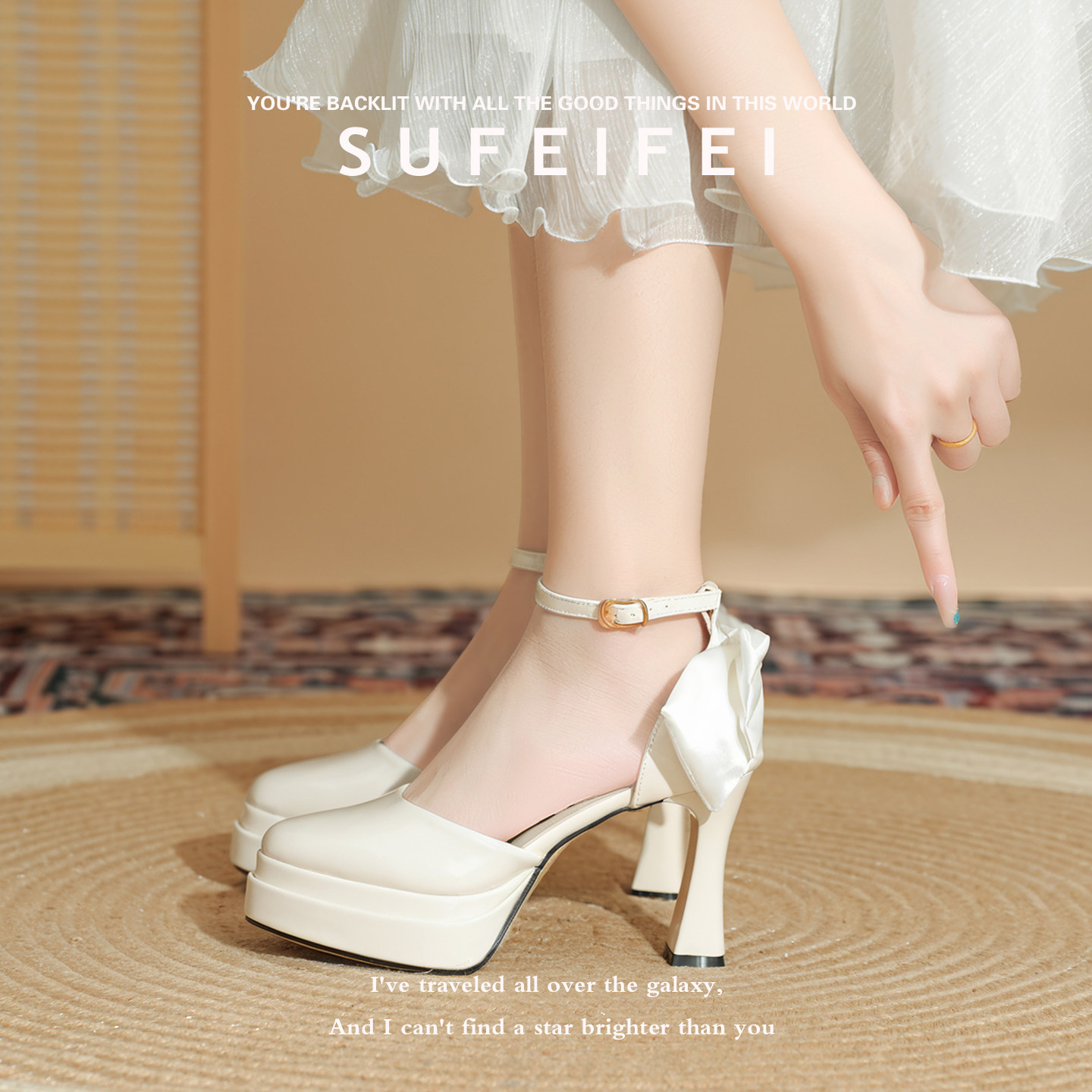 苏妃妃玛丽珍防水台白色高跟鞋女粗跟蝴蝶结配裙子气质不累脚单鞋