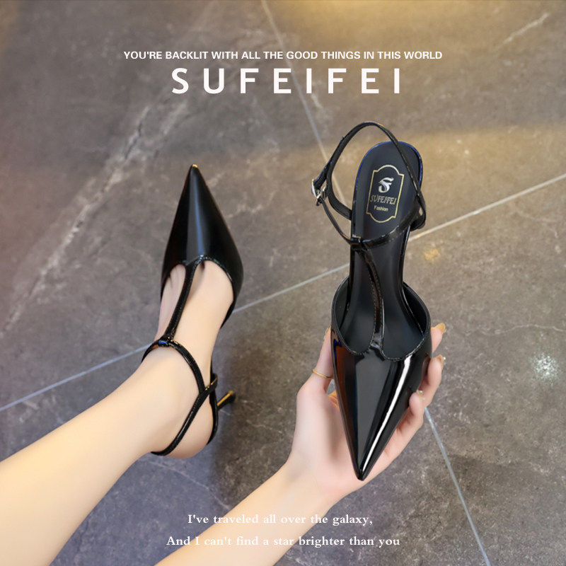 羊皮版~苏妃妃夏季时尚尖头小个子高跟鞋女细跟T字型后空包头凉鞋