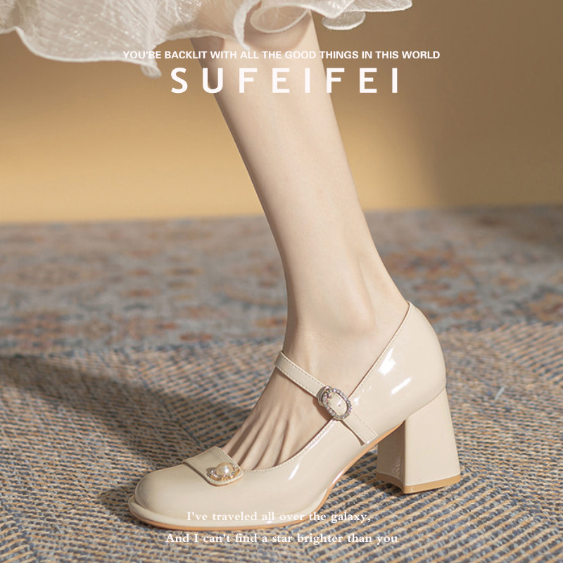苏妃妃玛丽珍2026年春季新款粗跟高跟鞋气质珍珠复古圆头百搭单鞋