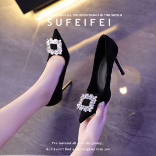 羊皮版~苏妃妃春季新款气质尖头性感职业高跟鞋女细跟黑色工作鞋