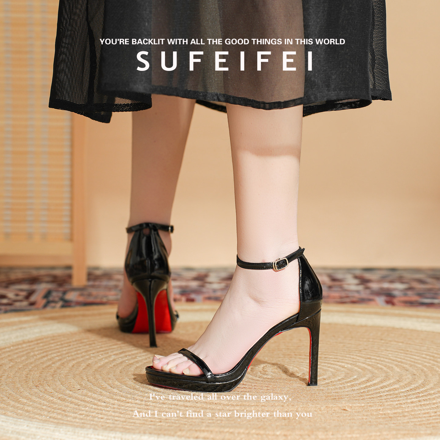 羊皮版~春季一字带红底高跟鞋女细跟不累脚性感黑色防水台凉鞋女