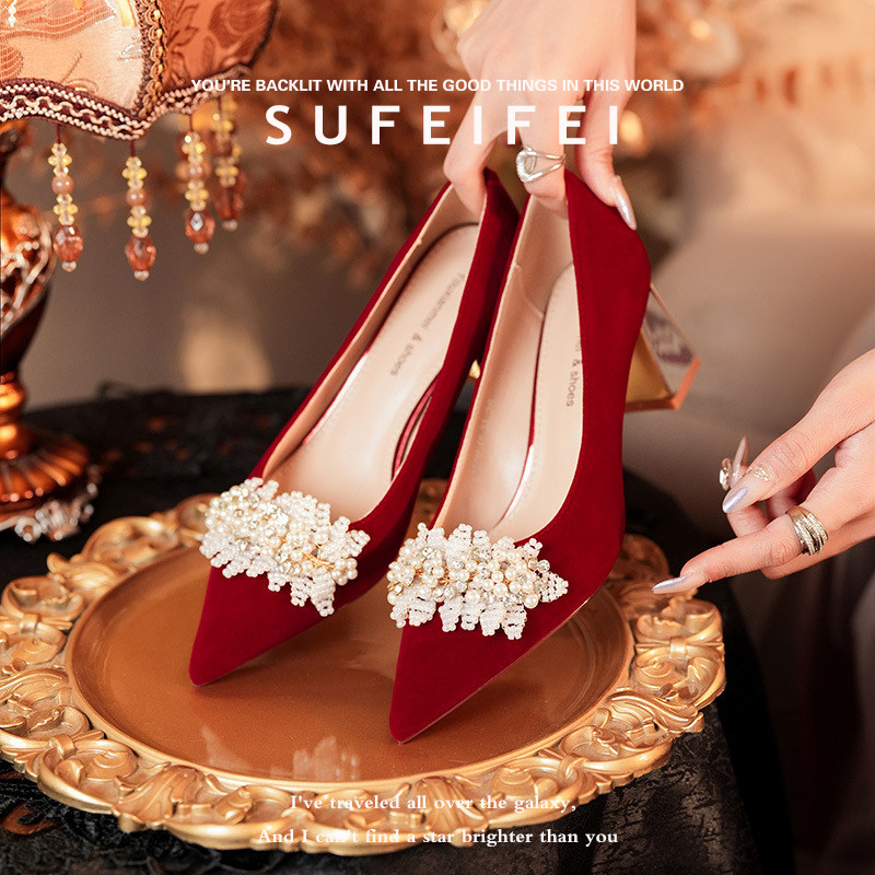 苏妃妃绝美红色婚鞋2026年夏季新款粗跟高跟鞋礼服宴会秀禾不累脚