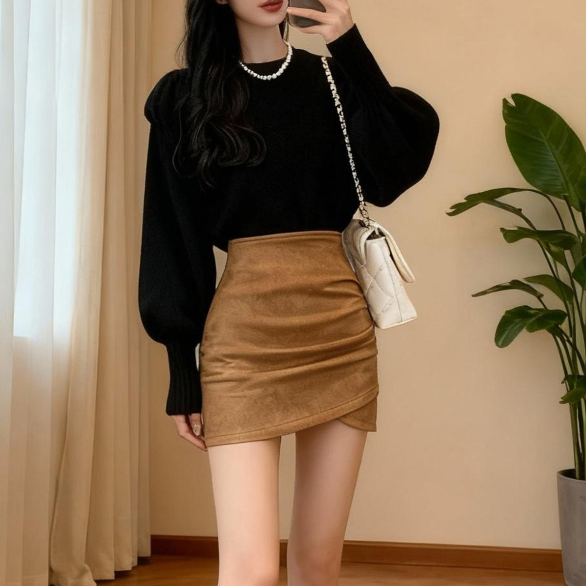 鹿皮绒包臀裙女秋冬韩版高腰半身裙不规则紧身弹力一步裙褶皱短裙