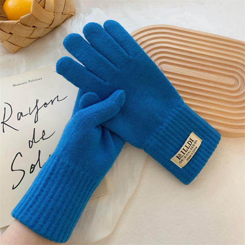 克莱因蓝色韩系含羊毛针织毛线手套女冬露指触屏学生情侣保暖骑行