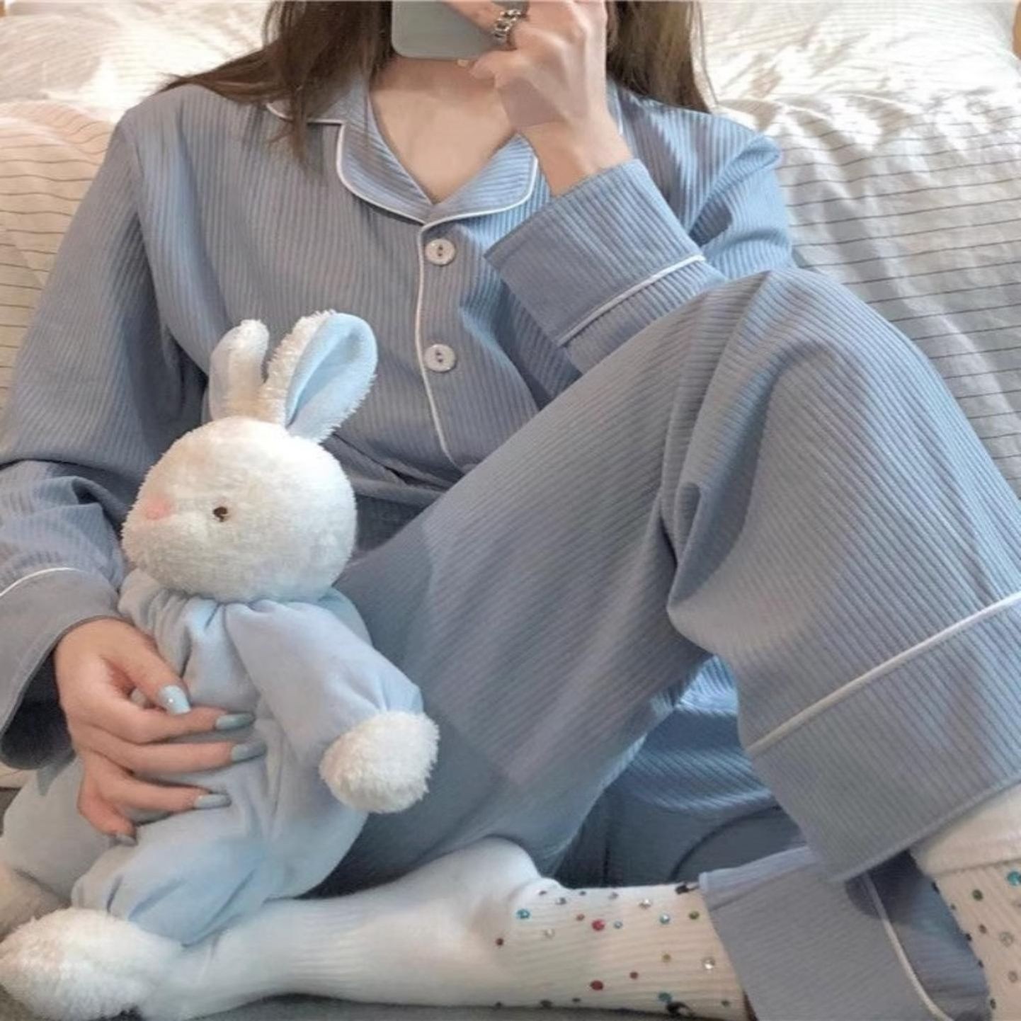 韩版睡衣女春秋夏季纯棉甜美开衫睡衣/家居服套装