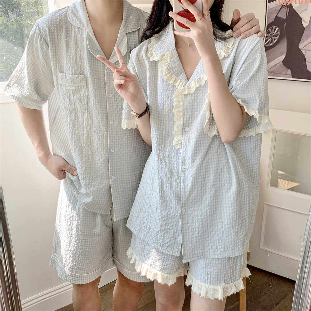甜美蕾丝边纯棉麻ins格子情侣睡衣女夏季短袖家居服套装男女同款