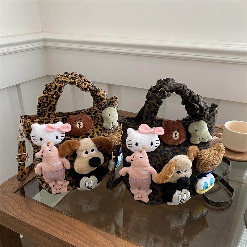 卡通小狗公仔手提包包女2024新款潮时尚豹纹托特包百搭斜挎帆布包